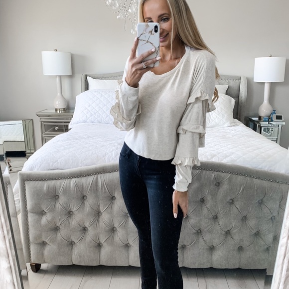 Ruffle Oatmeal Long Sleeve Detail Loose Top - Picture 4 of 11